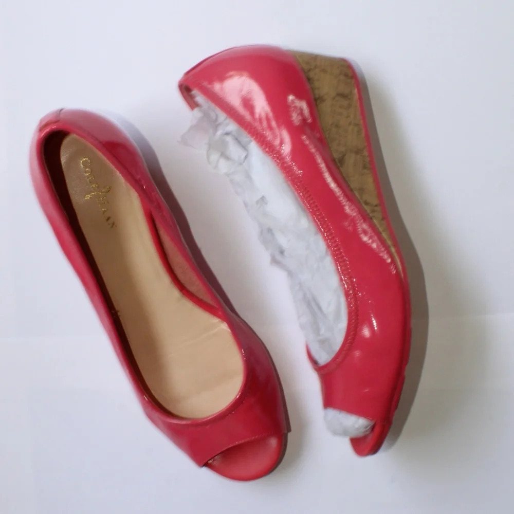 Cole Haan Pink Patent Leather Peep-Toe Wedges with Cork Heel - Picture 3 of 16